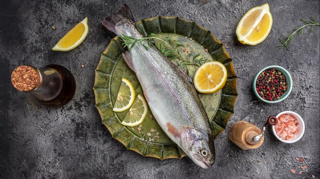 Truta arco-íris fresca com sal, pimenta, limão e rosemay Peixes saborosos, preparando-se para o almoço Conceito de alimentação saudável, lugar de receita de menu de banner para visualização superior do texto