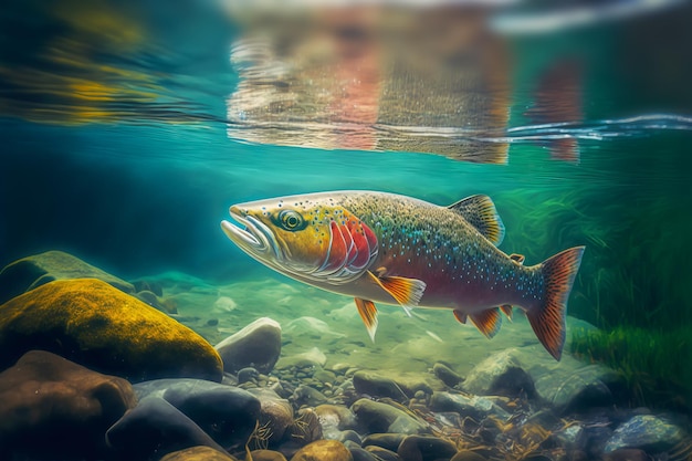 Foto truta arco-íris nada na coluna de água em um rio de montanha conceito de pesca de peixe selvagem ilustração generativa de ia