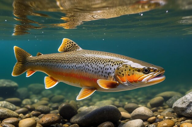 Foto truta castanha salmo trutta peixe de rio popular de cores bonitas de rios e riachos europeus caçando insetos na superfície da água eslovênia