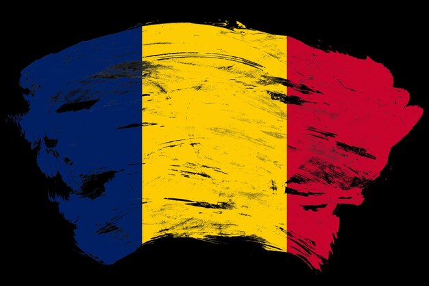Tschad-Flagge auf beunruhigtem schwarzem Pinselstrichhintergrund