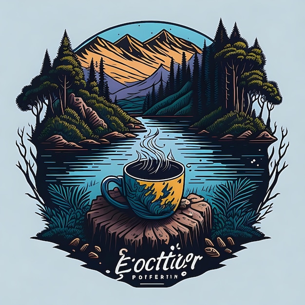 TShirt Design Kaffee am See Vektorbild