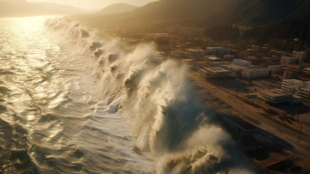 Foto tsunami atinge costa com inundações massivas