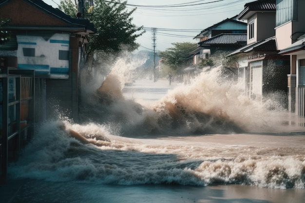 Tsunami avançando sobre vilas inundando ruas com água corrente