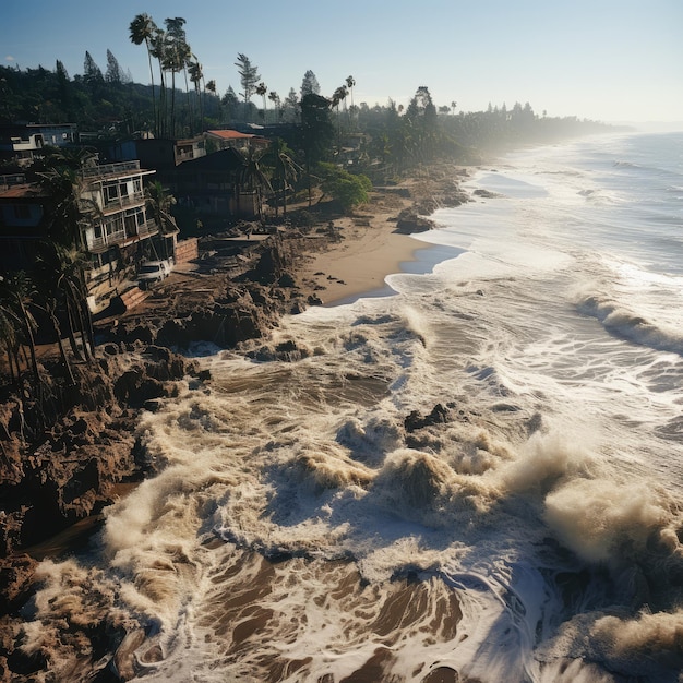 Tsunami devastador retratando a imensa destruição e caos deixado em seu rastro