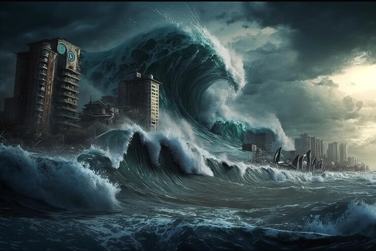 Foto tsunami-konzept über stadt generative ki