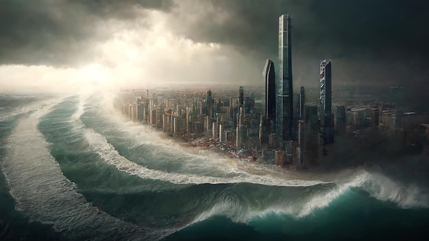 Tsunami trifft moderne Stadt, riesige Meereswellen greifen hohe Gebäude an, generative KI