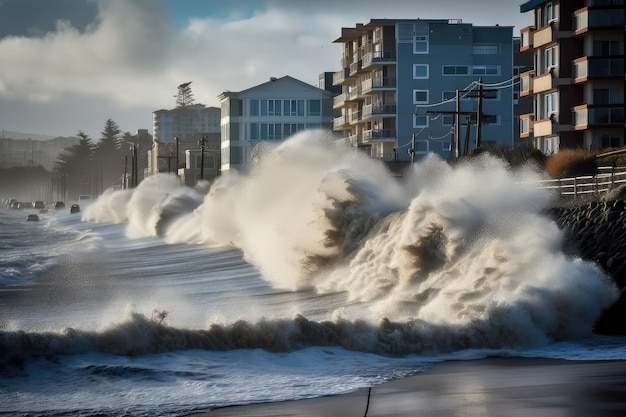 Tsunami-Welle stürzt über Ufermauer und überschwemmt Küstenstadt