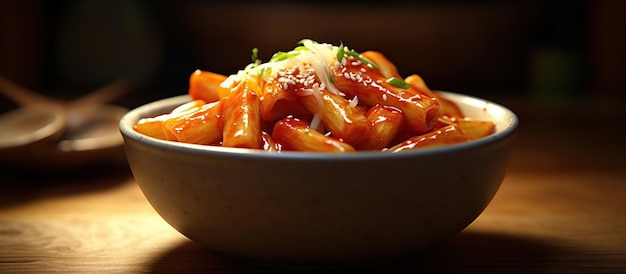 Tteokbokki prato lindo em uma mesa de madeira