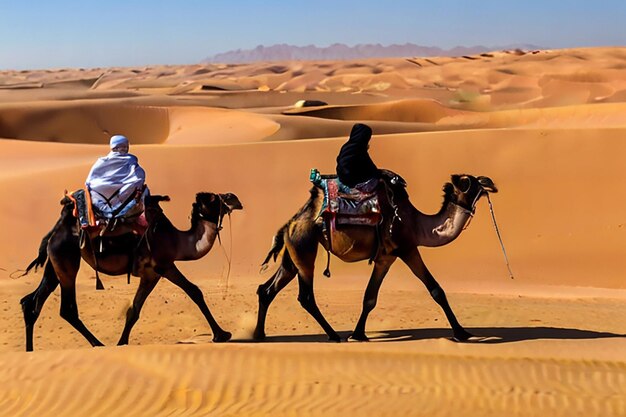 Tuareg com camelos caminham pelo deserto na parte ocidental do deserto do Saara, em Marrocos