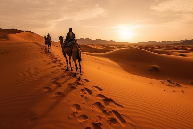 Tuareg e camelos atravessam a vastidão do deserto