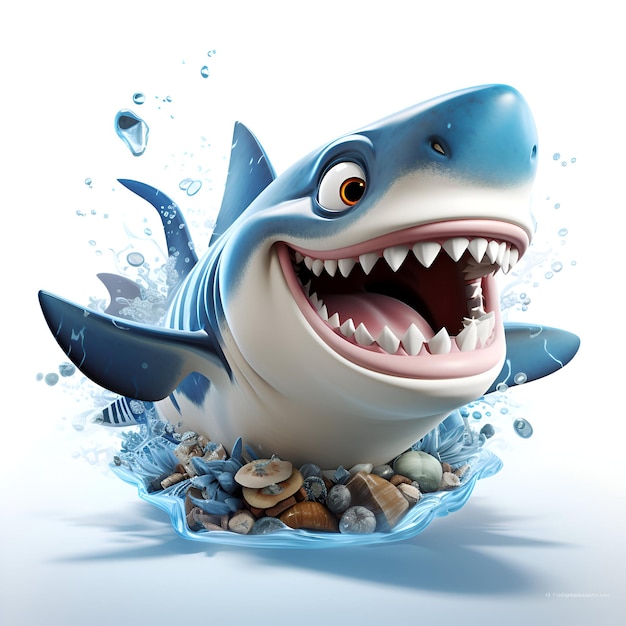 Tubarão com pedra e salpicos de água Ilustração 3D