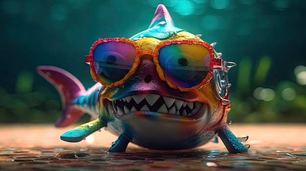 Tubarão de brinquedo colorido usando óculos escuros atacando debaixo d'água