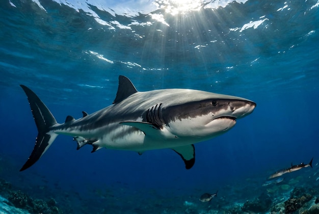 Tubarão-de-ponta-branca oceânico Carcharhinus longimanus nadando no mar vermelho Tubarões na natureza Vida marinha debaixo d'água