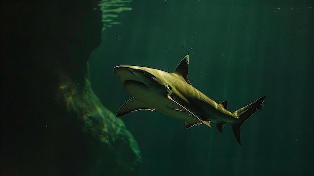 Tubarão de recife de ponta preta nadando em águas profundas e verdes escuras Generativo Ai