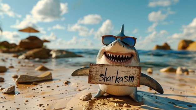 Foto tubarão engraçado com óculos de sol segurando um sinal com a palavra sharkasm sarcasm background