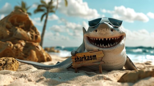 Tubarão engraçado com óculos de sol segurando um sinal com a palavra sharkasm sarcasm background
