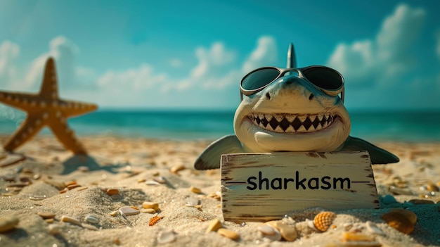 Tubarão engraçado com óculos de sol segurando um sinal com a palavra Sharkasm Sarcasm Background