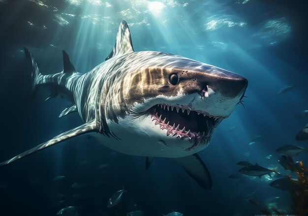 Foto tubarão feroz de boca aberta com dentes enormes vida marinha gerada pela ia