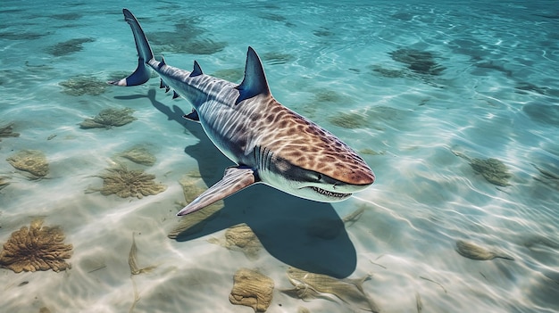 Foto tubarão hiperrealista nadando perto da praia