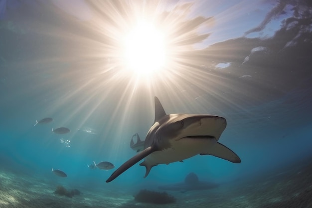 Tubarão mergulha debaixo d'água e olha para os raios nadando acima criados com IA generativa
