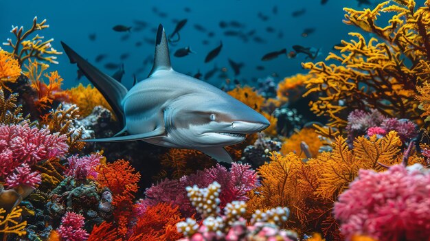 Tubarão nadando através de coloridos recifes de coral