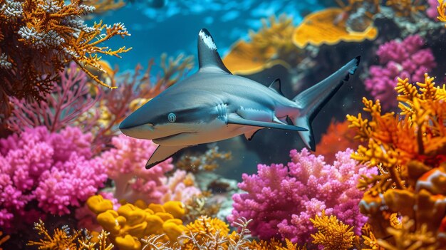 Foto tubarão nadando através de coloridos recifes de coral
