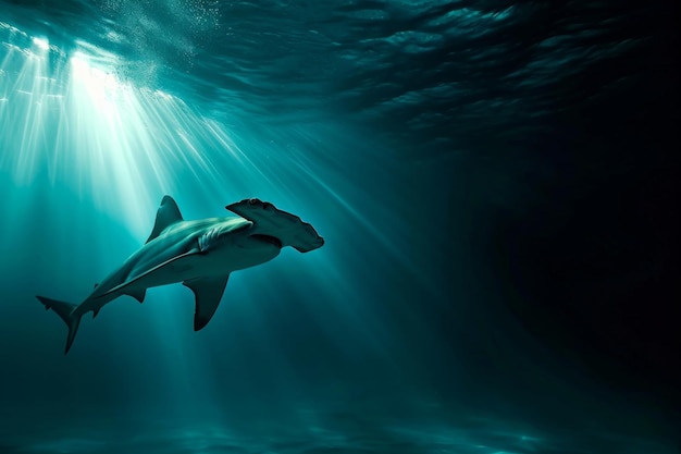 Tubarão Nadando nas Profundidades do Oceano Uma cena surreal mostrando um tubarão-martelo nas profundezas do oceano Gerado por IA