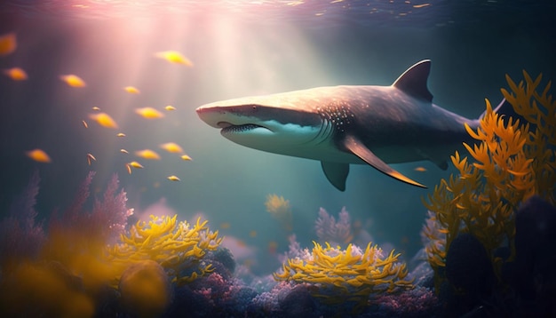 Tubarão no mar com plantas marinhas e peixes