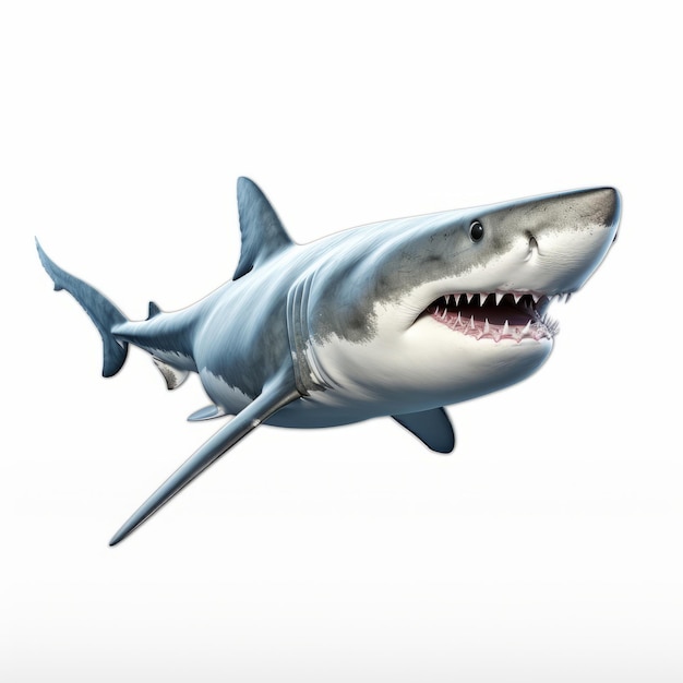 Foto tubarão realista com a boca aberta em fundo branco