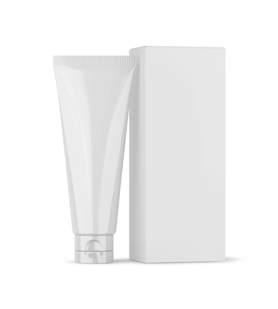 Tube Plastic and Paper Box Kosmetik auf weißem Hintergrund