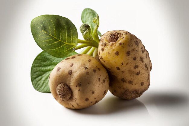 Tubérculos de una planta de patata contra un fondo blanco.