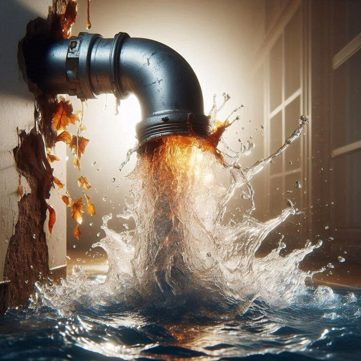 una tubería de agua está siendo rociada con el agua que sale de ella tubería dañada hogar