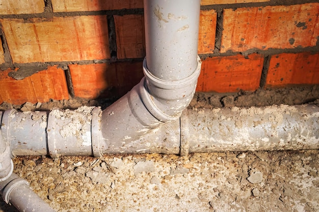 Tuberías de alcantarillado en el sótano de la casa Sistema de tuberías sanitarias grises al construir una casa Instalación de alcantarillado para la eliminación de aguas residuales