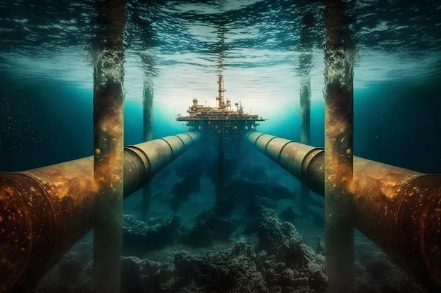 Tubo amarillo metálico para transportar gas o petróleo bajo el agua en la parte inferior El concepto de oleoducto Arte generado por redes neuronales