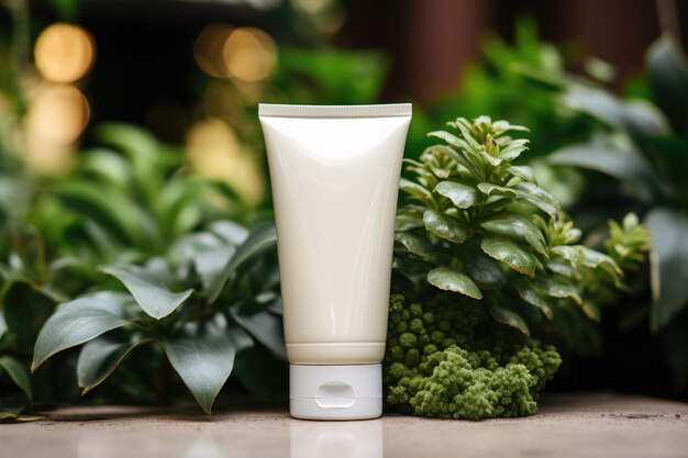 Foto tubo blanco con crema para las manos presentación de cosméticos sobre un fondo de hojas verdes producto cosmético