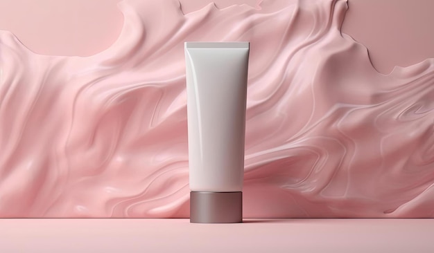 tubo blanco de gel sobre maqueta de mármol rosa al estilo de presentación de forma humana