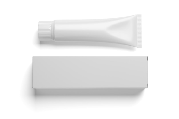 Tubo cosmético branco em branco e pacote isolado na ilustração de renderização 3D de fundo branco