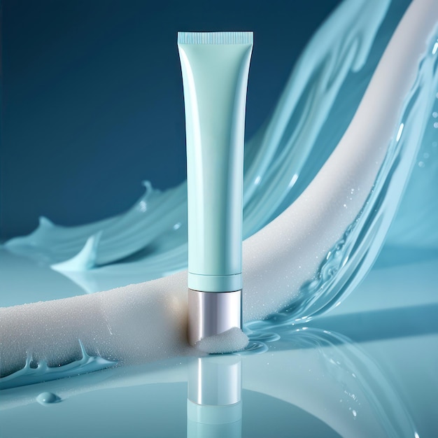 tubo cosmético com creme sobre fundo azul de salpicaduras de água