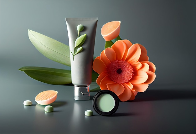 Tubo cosmético con flores Cosmética natural Concepto de belleza Bodegón moderno Foto del producto Generado por AI