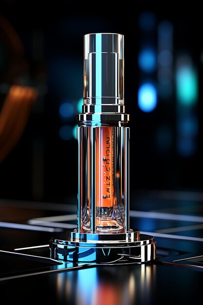 Un tubo cosmético futurista sobre una plataforma metálica Set de ciencia ficción Sesión de fotos Ideas conceptuales Arte escénico