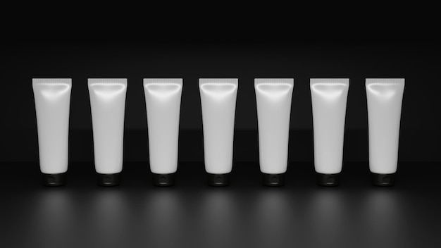 Tubo de beleza de cosmético de creme para as mãos Maquete de tubo de beleza com sombras no fundo preto Maquete de embalagem de design minimalista de frasco de cosméticos e remédios 3d render