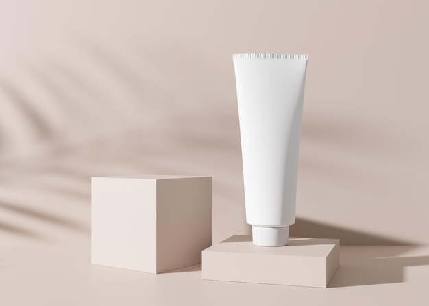 Tubo de creme cosmético sem marca branco e em branco com sombras de plantas Apresentação de produtos de cuidados com a pele em fundo creme Maquete de luxo Tubo com espaço de cópia renderização em 3D