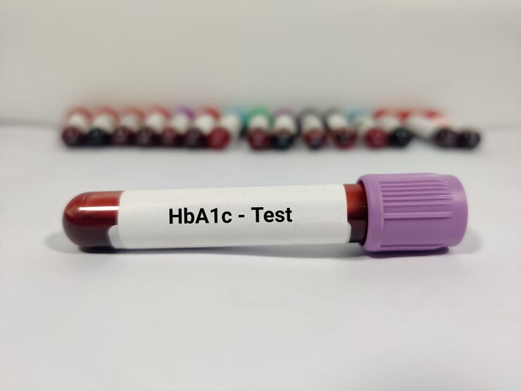 Foto tubo de ensaio com amostra de sangue para teste de hba1c