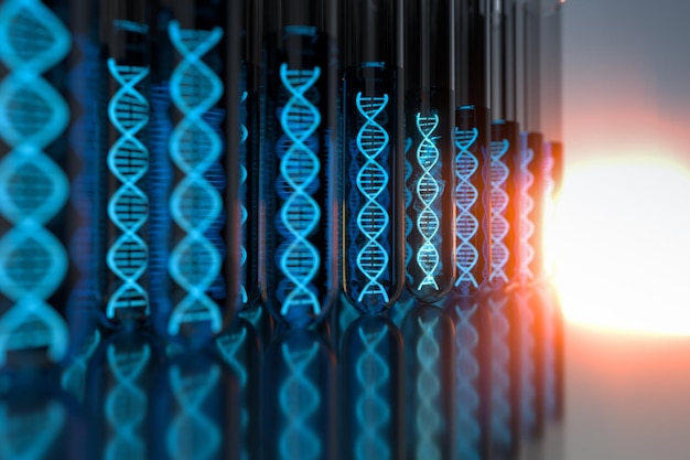 tubo de ensaio e cromossomos DNA e genes renderização 3D desenho digital por computador