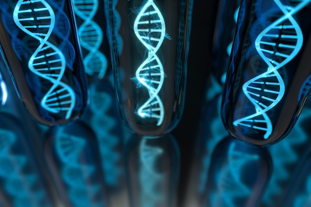 Foto tubo de ensaio e cromossomos dna e renderização genes3d