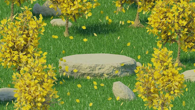 Foto tubo de madeira objeto fundo grama verde e folhas amarelas 3d render fundo de verão