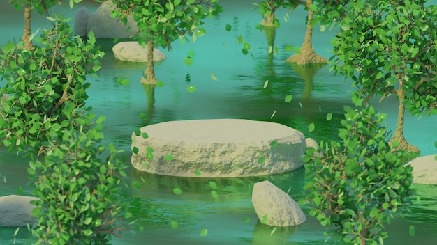 tubo de madeira objeto fundo pântano e folhas verdes 3d render fundo de verão