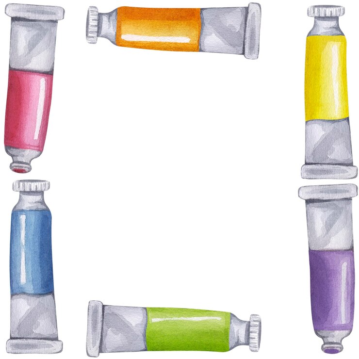 Foto tubo de pintura quadro quadro arco-íris cores aquarela óleo acrílico tempera gouache pigmentos líquidos paleta de artista acessórios materiais escolares para desenho de arte ilustração desenhada à mão fundo isolado