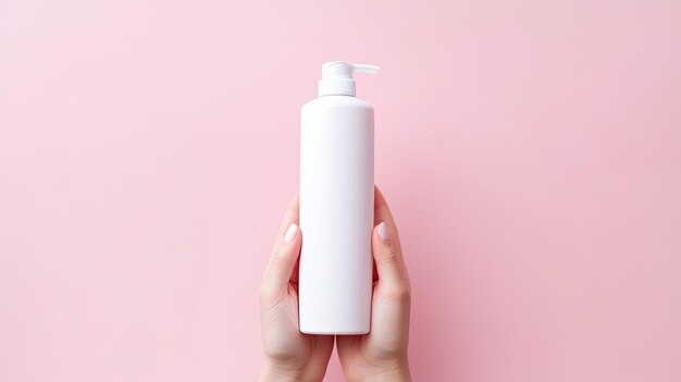 Tubo de plástico de garrafa de espremer branco em branco sendo segurado por mãos femininas jovens em fundo rosa Espaço de cópia para maquete de marca de produtos de beleza cosméticos