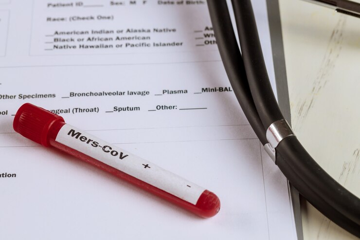 Foto tubo de ensayo de sangre médico para prueba mers-cov